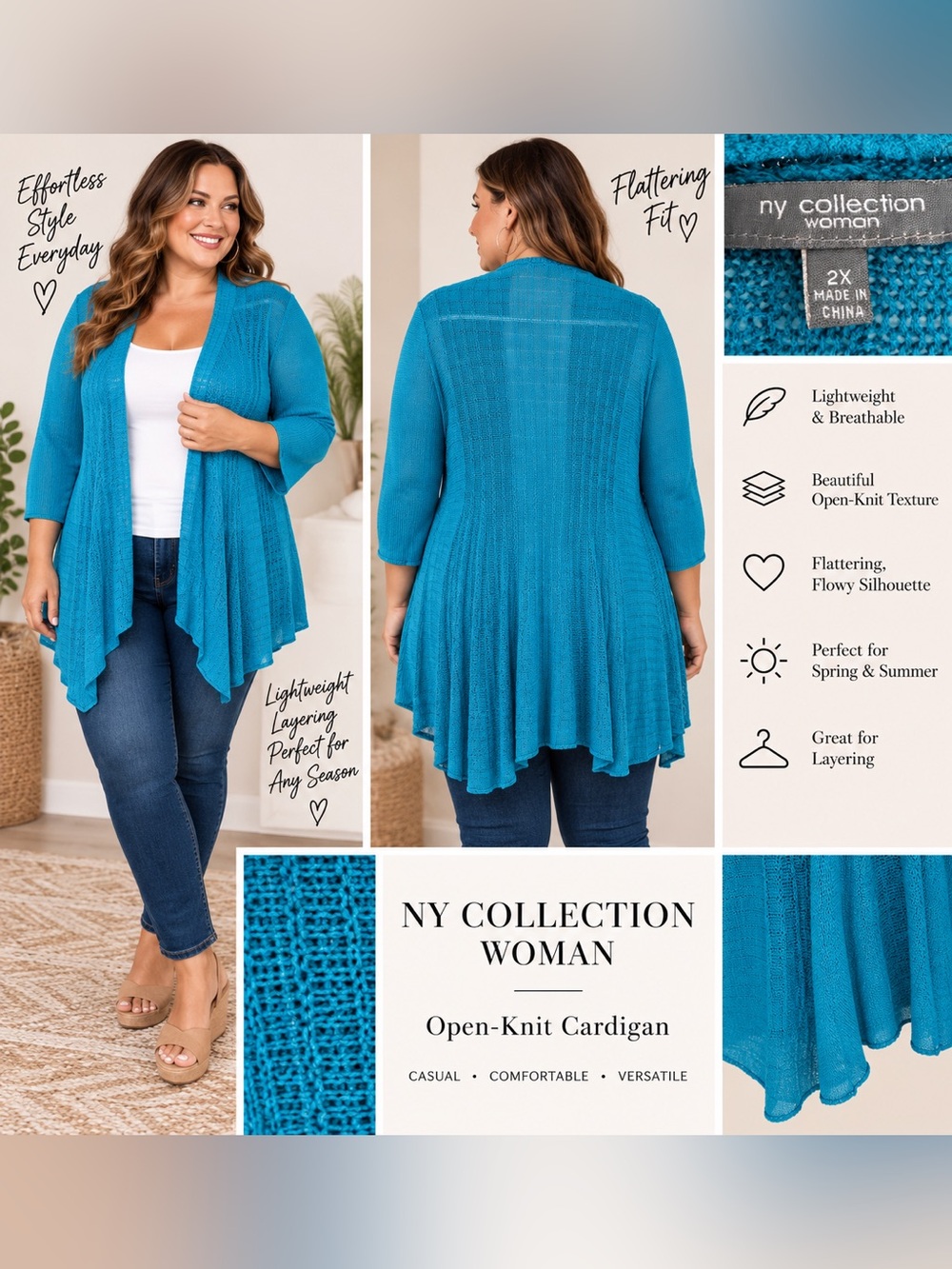 NY Collection Woman Turquoise Open Knit Cardigan 2X Boho Lightweight Duster